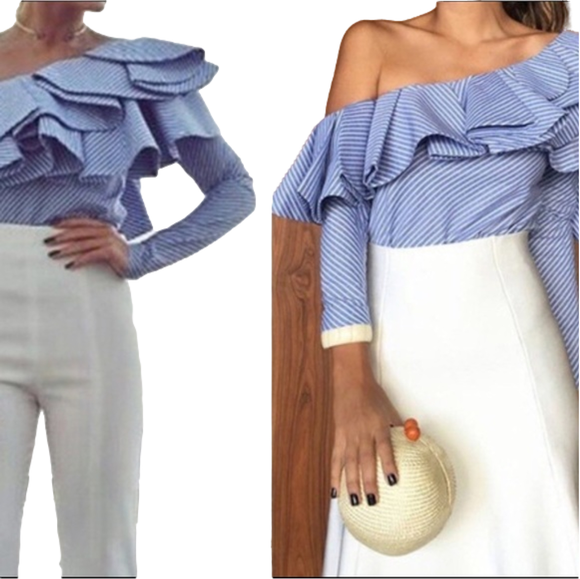 Blue stripe top with off-the-shoulder ruffles - Picture 4 of 8